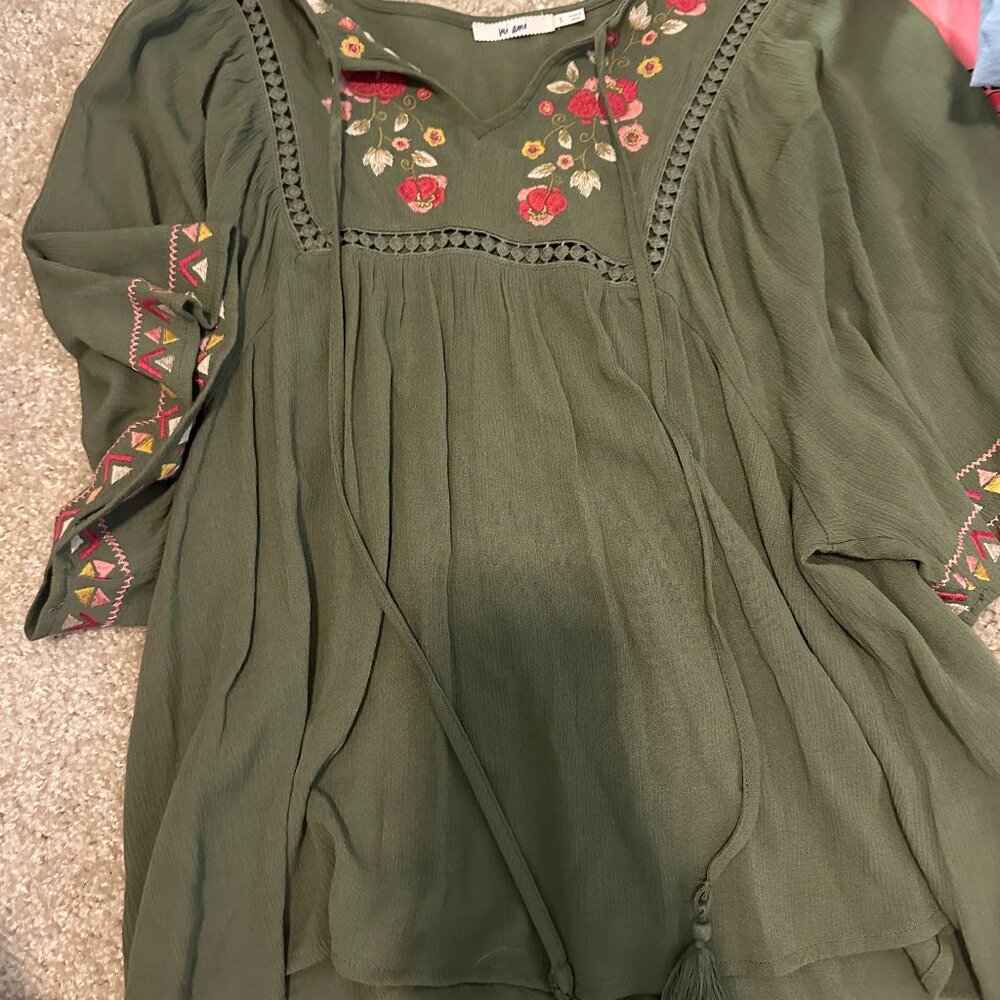 Embroidered Peasant Blouse Tassel Tie Boho Top Small